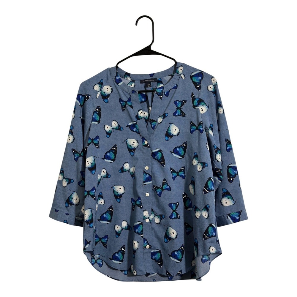 Tommy Hilfiger Naturecore Butterfly 3/4 Sleeve Button Front Blue Blouse Size XS